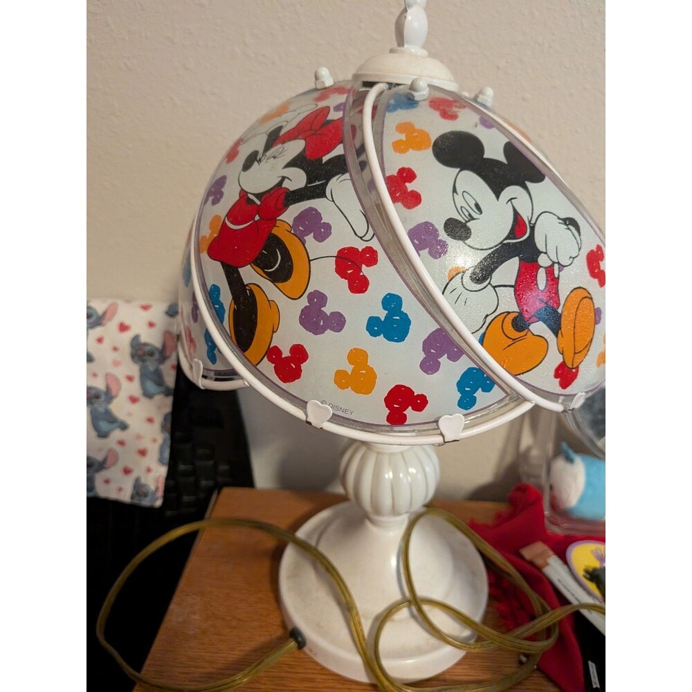 Vintage Disney Mickey Minnie Mouse Metal Tiffany Type Table Touch Lamp Light